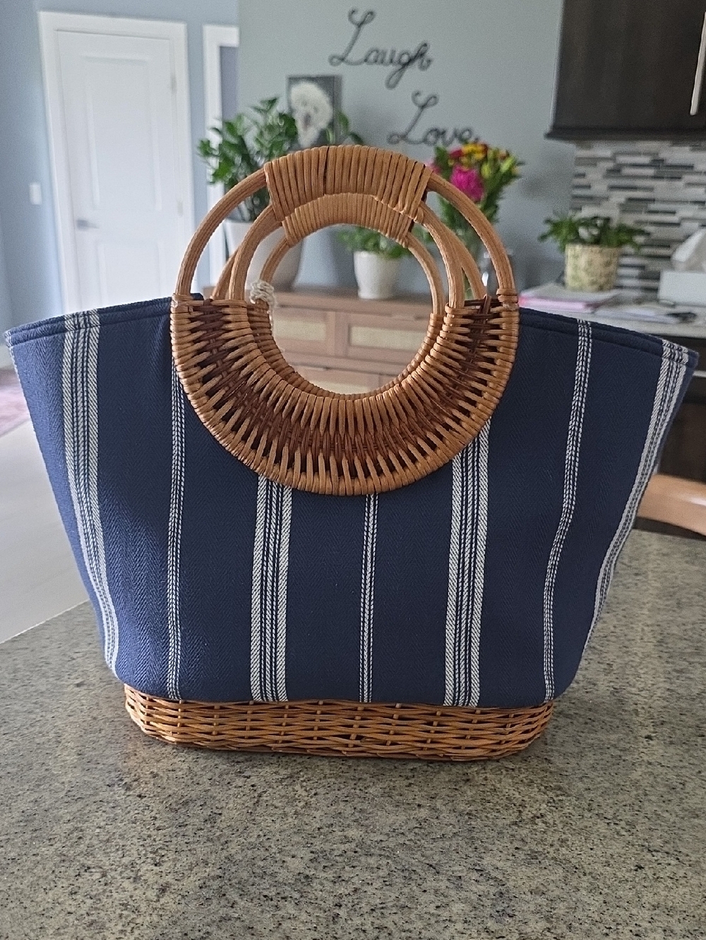Straw Studios Navy/cream Striped Wicker Handbag - Picture 4 of 10